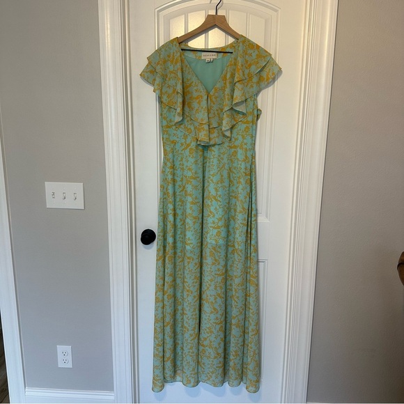 Sachin + Babi Maxi Dress Floral Blue Seafoam Gold Wedding Guest Boho Size 14 - Picture 5 of 8